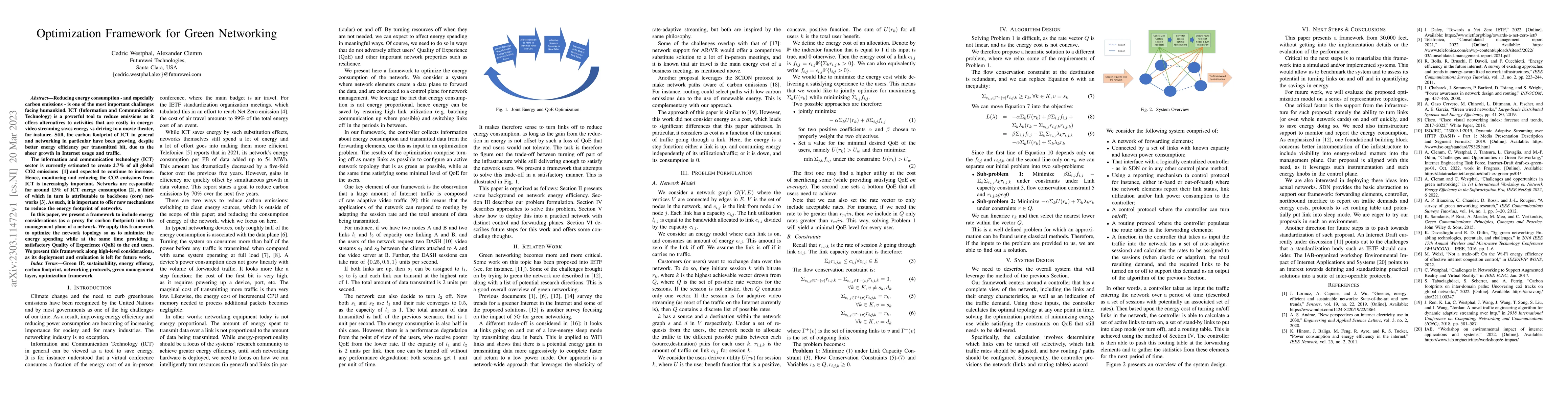 Thumbnail for Optimization Framework for Green Networking