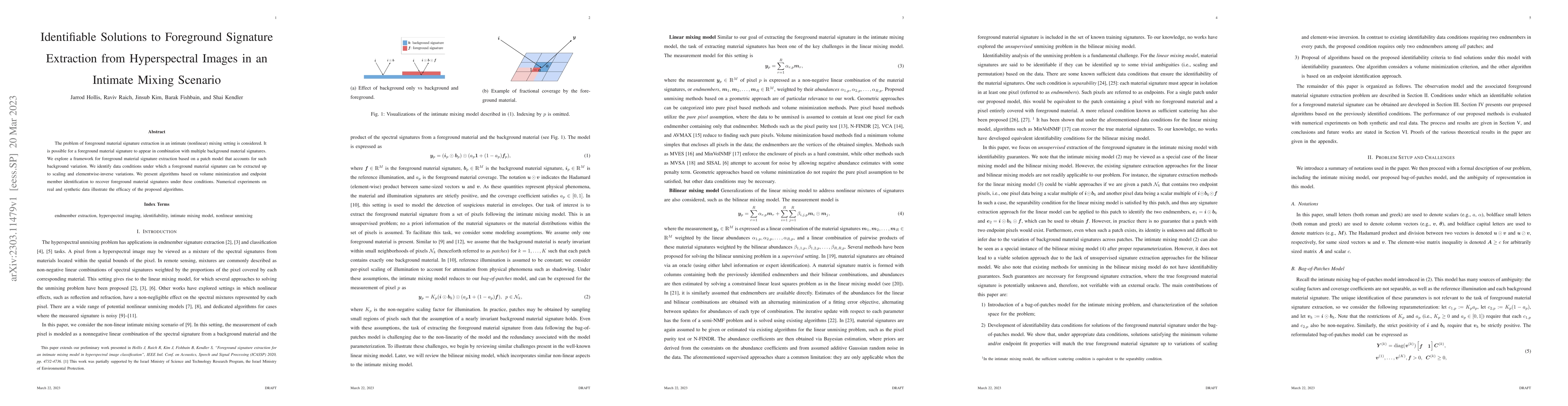 Thumbnail for Identifiable Solutions to Foreground Signature Extraction from
  Hyperspectral Images in an Intimate Mixing Scenario