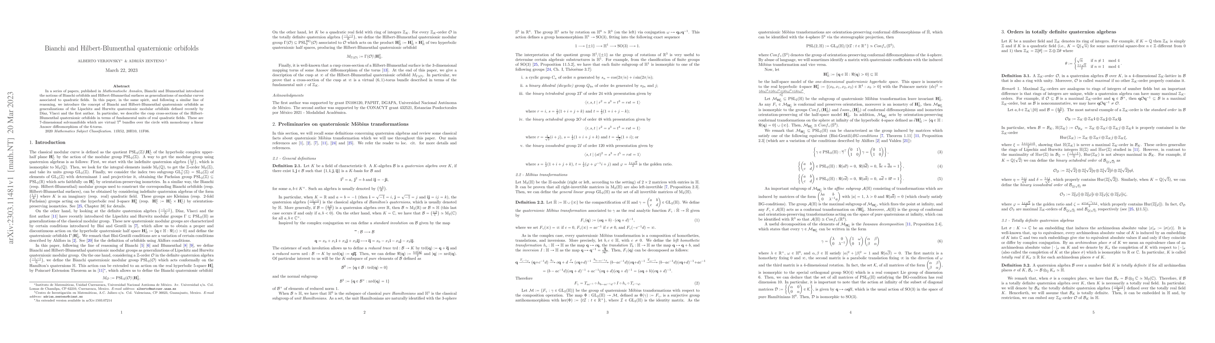 Thumbnail for Bianchi and Hilbert-Blumenthal quaternionic orbifolds