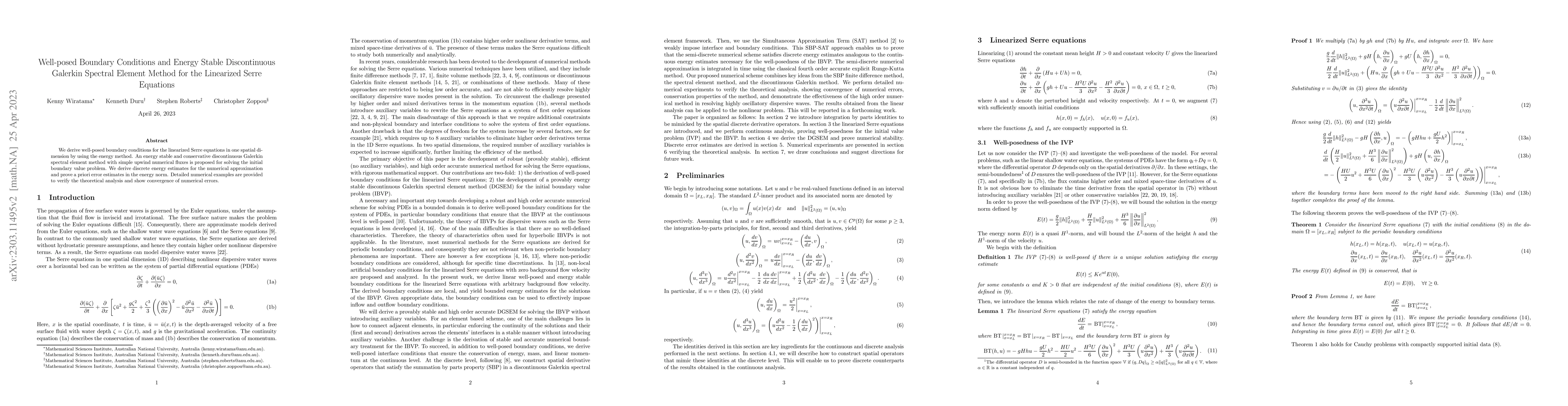 Thumbnail for Well-posed boundary conditions and energy stable discontinuous Galerkin
  spectral element method for the linearized Serre equations