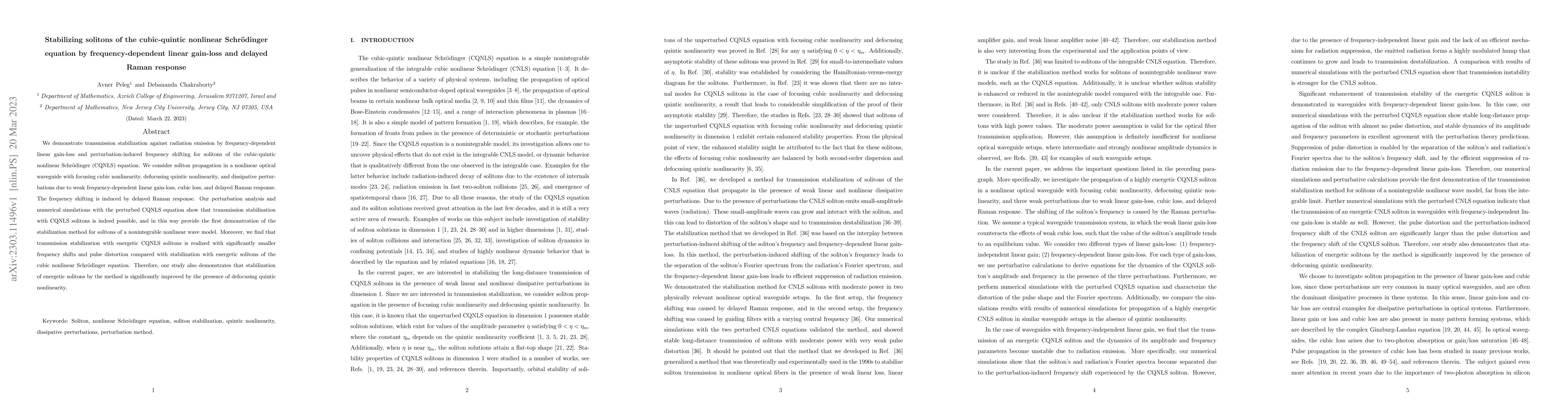 Thumbnail for Stabilizing solitons of the cubic-quintic nonlinear Schr\"odinger
  equation by frequency-dependent linear gain-loss and delayed Raman response