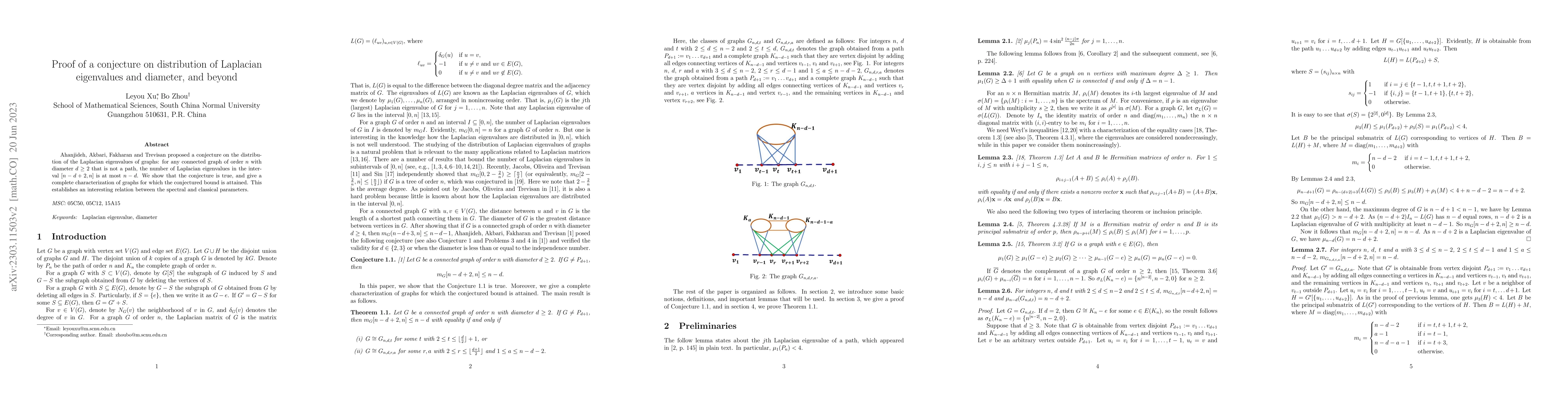 Thumbnail for Proof of a conjecture on distribution of Laplacian eigenvalues and
  diameter, and beyond