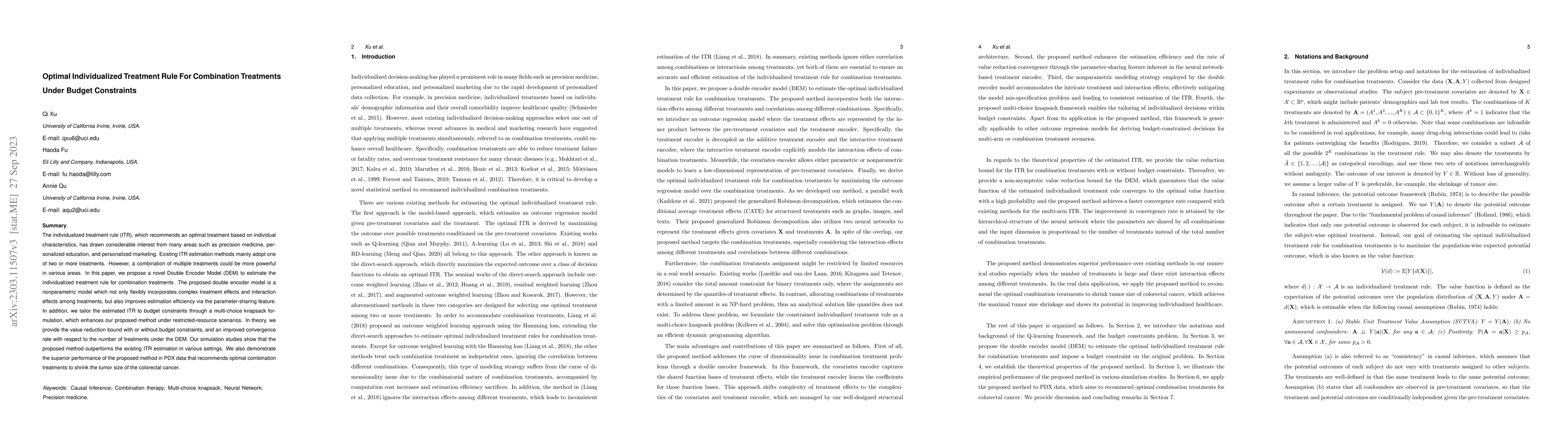 Thumbnail for Optimal Individualized Treatment Rule for Combination Treatments Under
  Budget Constraints