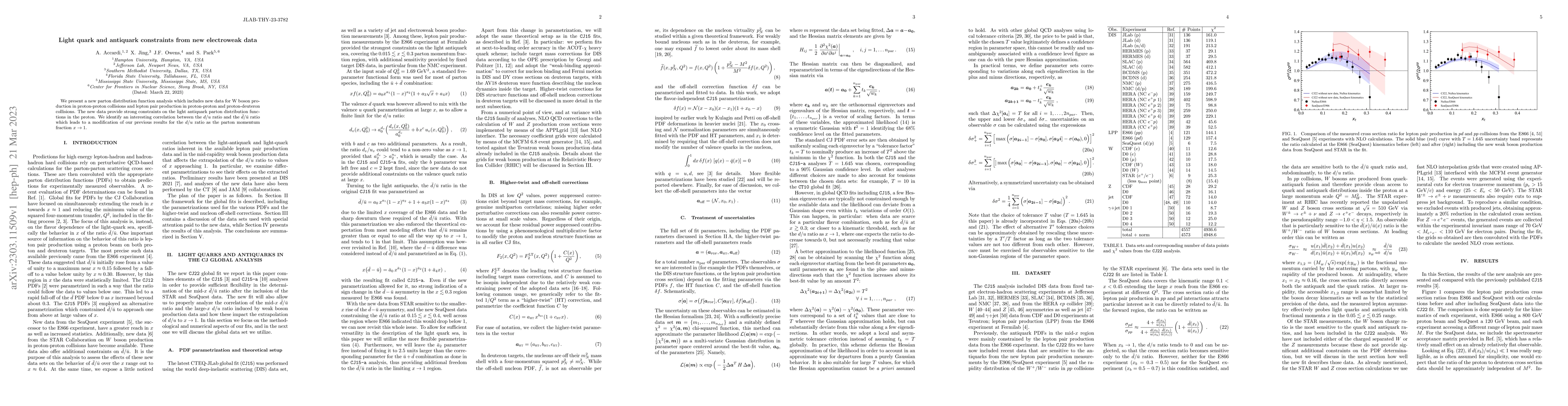 Thumbnail for Light quark and antiquark constraints from new electroweak data
