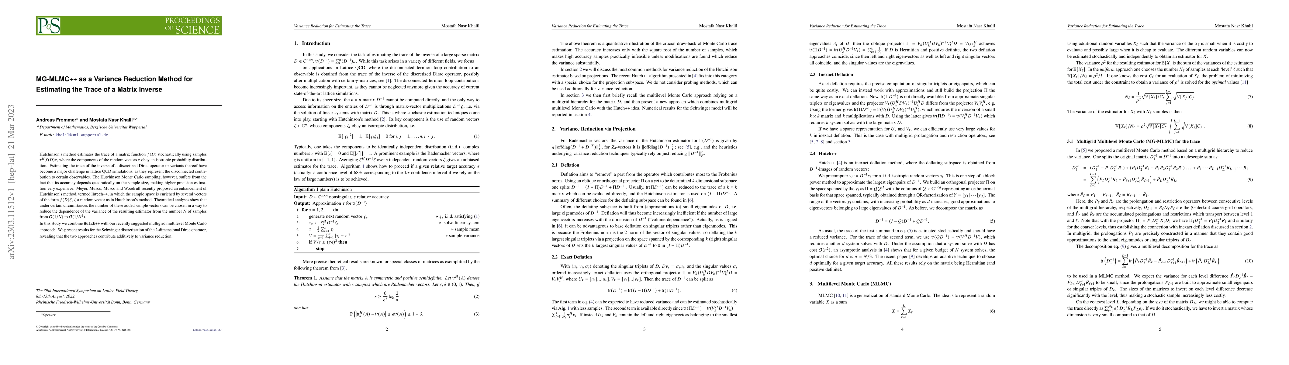 Thumbnail for MG-MLMC++ as a Variance Reduction Method for Estimating the Trace of a
  Matrix Inverse
