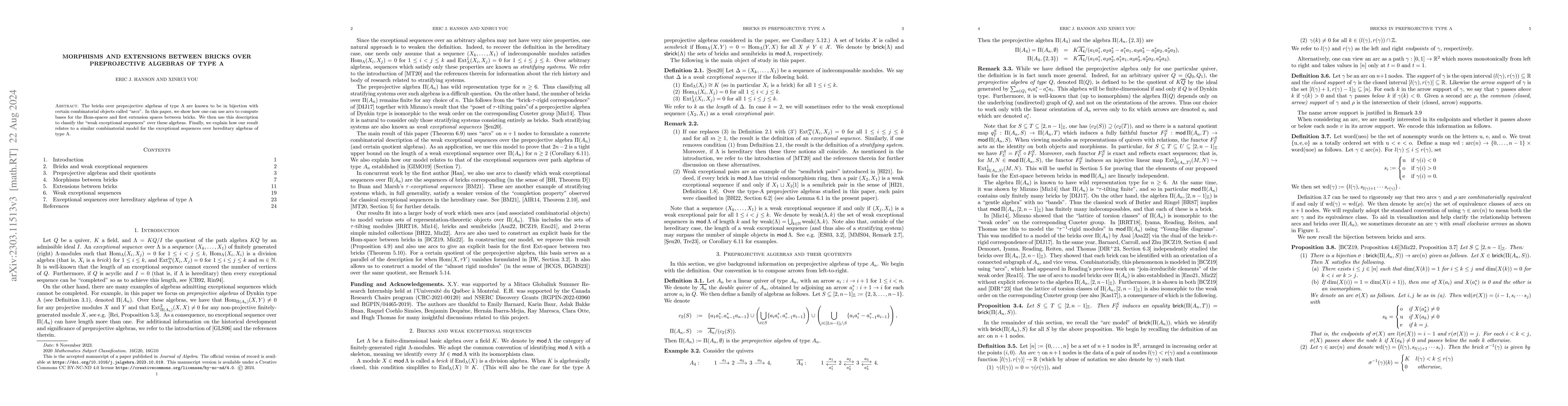 Thumbnail for Morphisms and extensions between bricks over preprojective algebras of
  type A