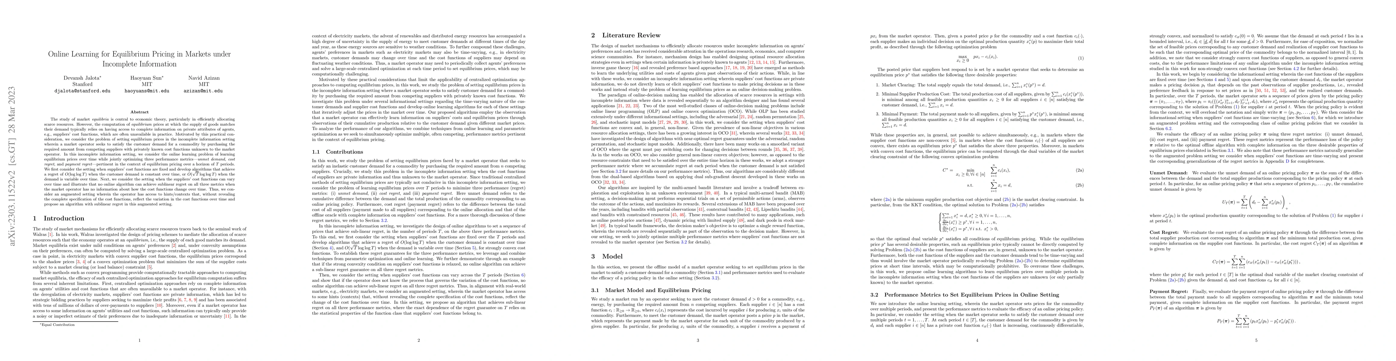 Thumbnail for Online Learning for Equilibrium Pricing in Markets under Incomplete
  Information
