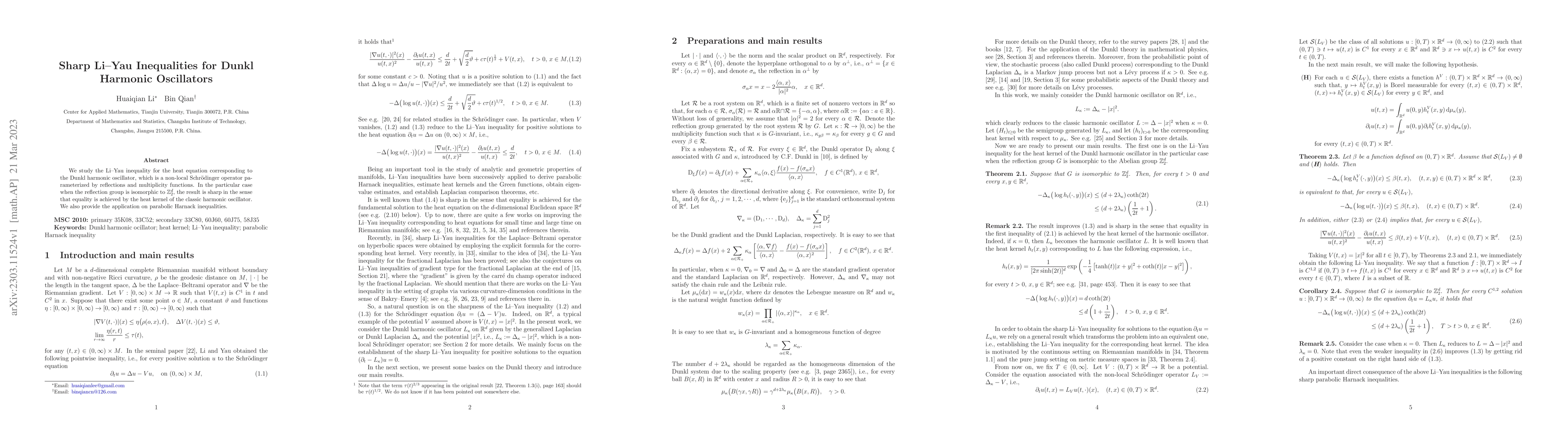 Thumbnail for Sharp Li--Yau Inequalities for Dunkl Harmonic Oscillators