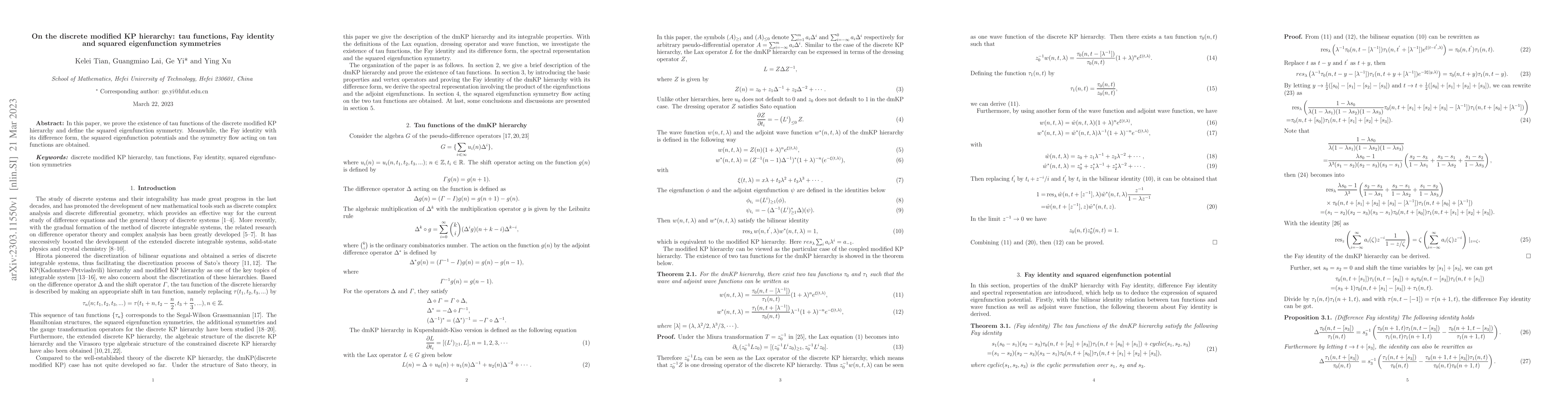 Thumbnail for On the discrete modified KP hierarchy: tau functions, Fay identity and
  squared eigenfunction symmetries