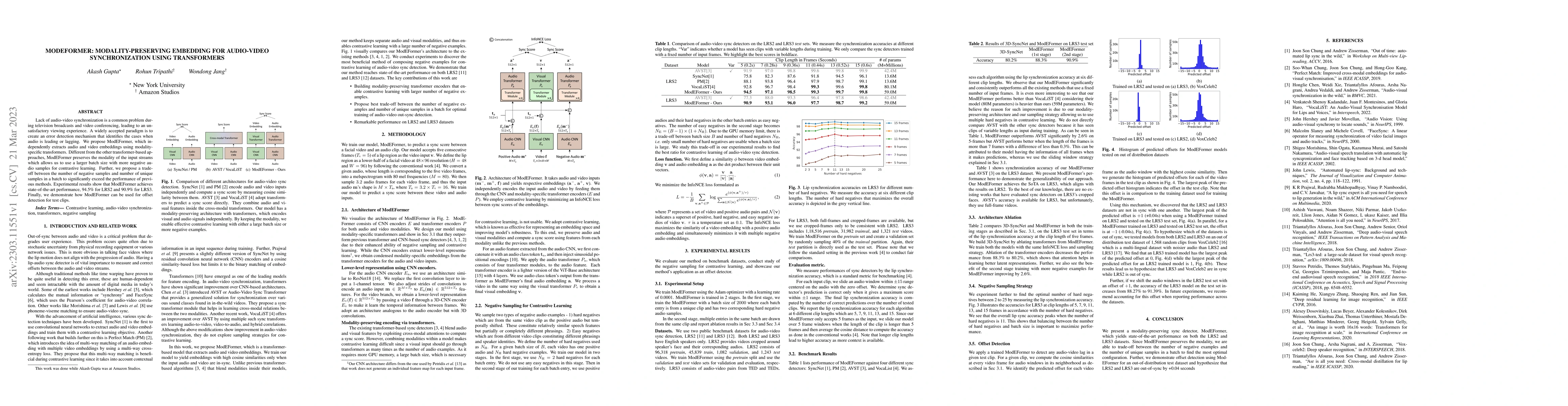 Thumbnail for ModEFormer: Modality-Preserving Embedding for Audio-Video
  Synchronization using Transformers