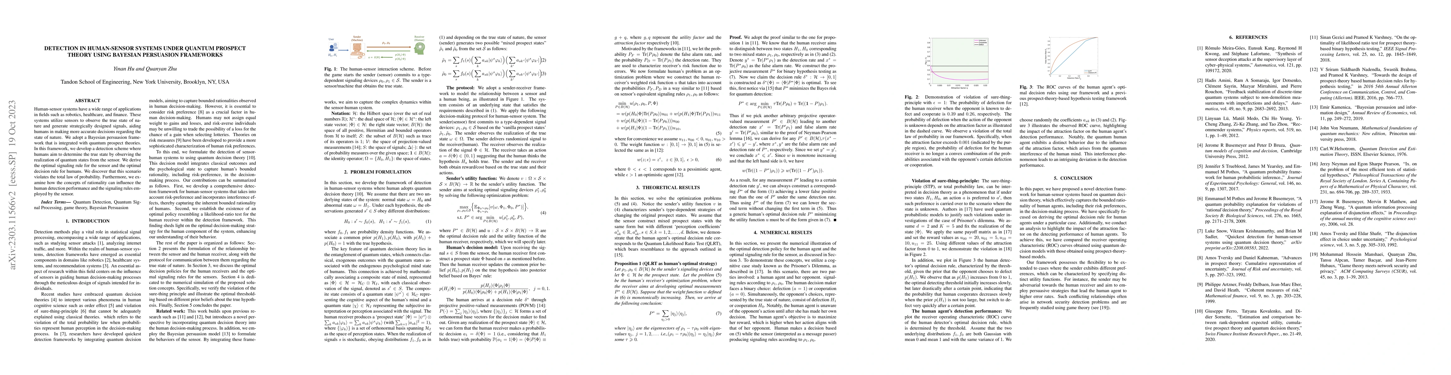 Thumbnail for Detection in Human-sensor Systems under Quantum Prospect Theory using
  Bayesian Persuasion Frameworks