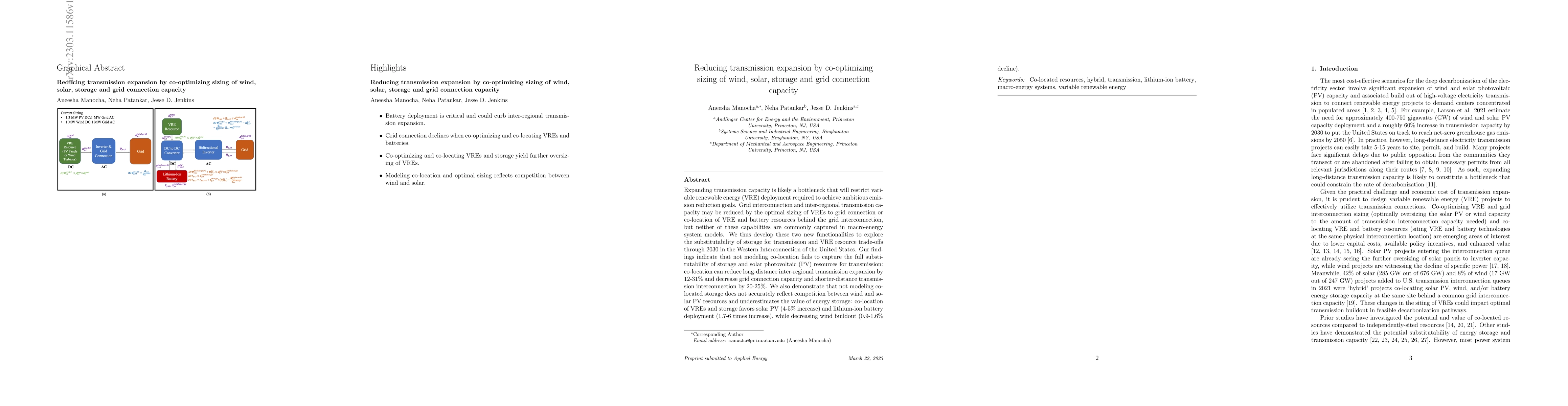 Thumbnail for Reducing transmission expansion by co-optimizing sizing of wind, solar,
  storage and grid connection capacity