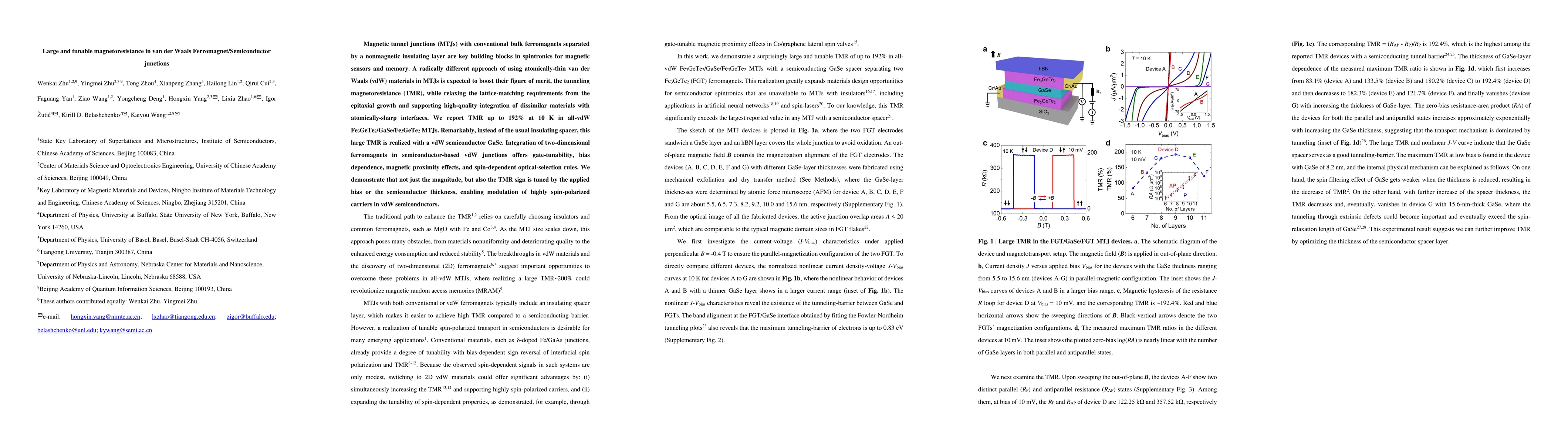 Thumbnail for Large and tunable magnetoresistance in van der Waals
  Ferromagnet/Semiconductor junctions
