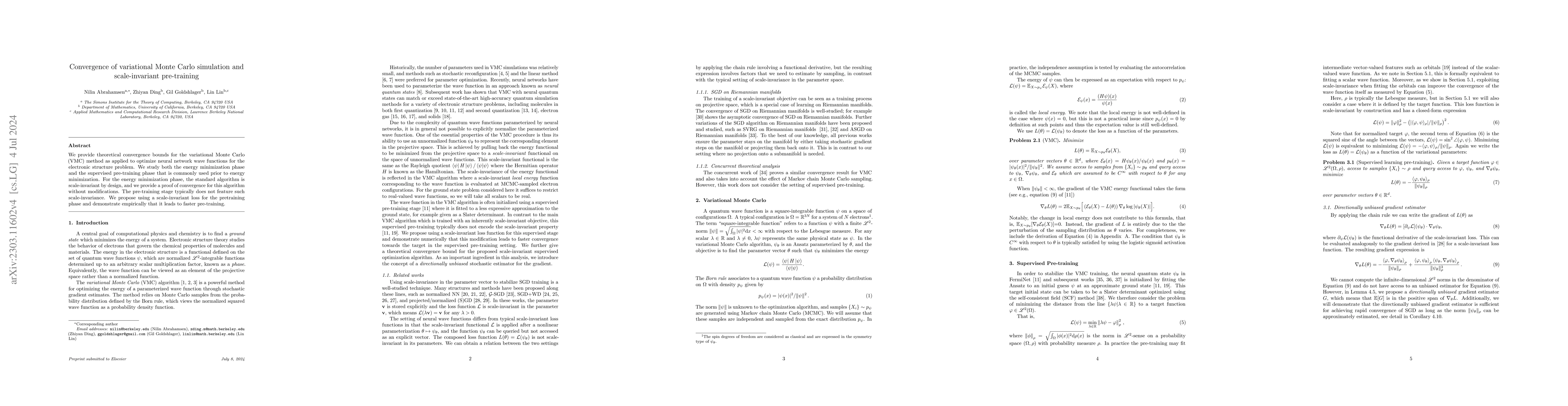 Thumbnail for Convergence of variational Monte Carlo simulation and scale-invariant
  pre-training