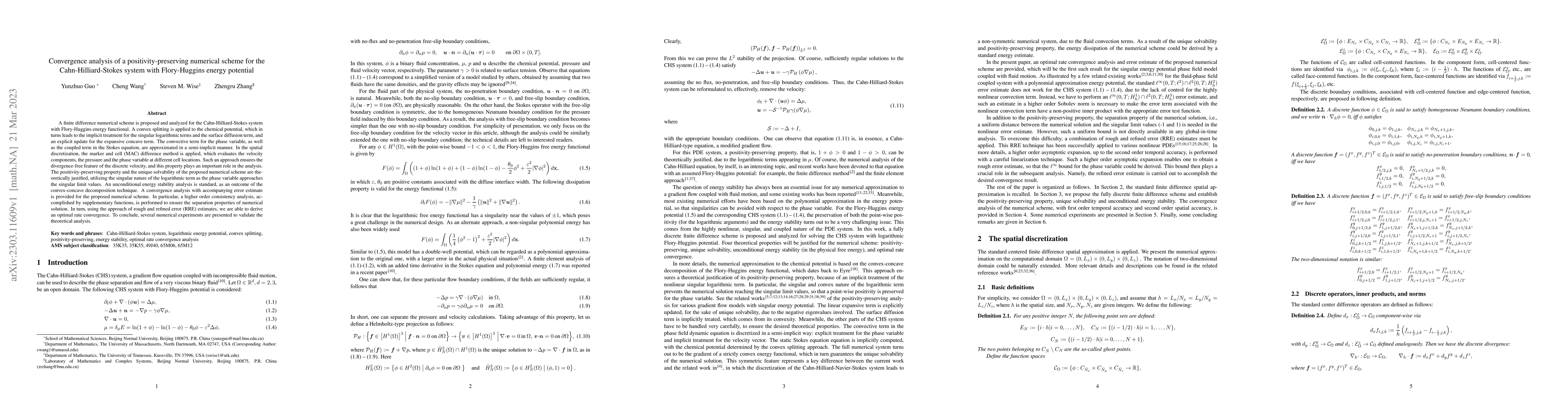 Thumbnail for Convergence analysis of a positivity-preserving numerical scheme for the
  Cahn-Hilliard-Stokes system with Flory-Huggins energy potential