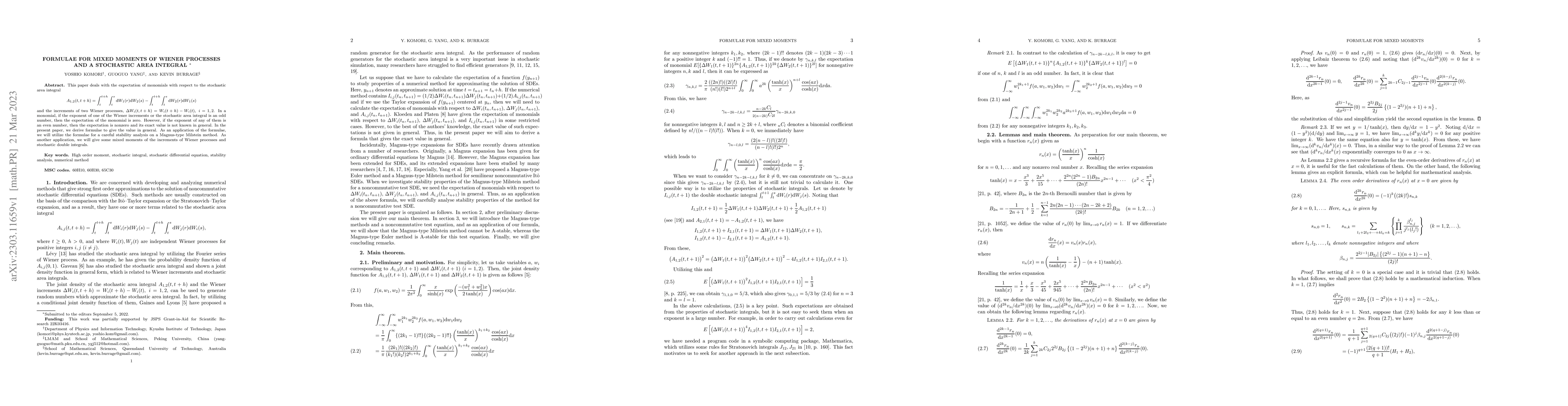 Thumbnail for Formulae for mixed moments of Wiener processes and a stochastic area
  integral