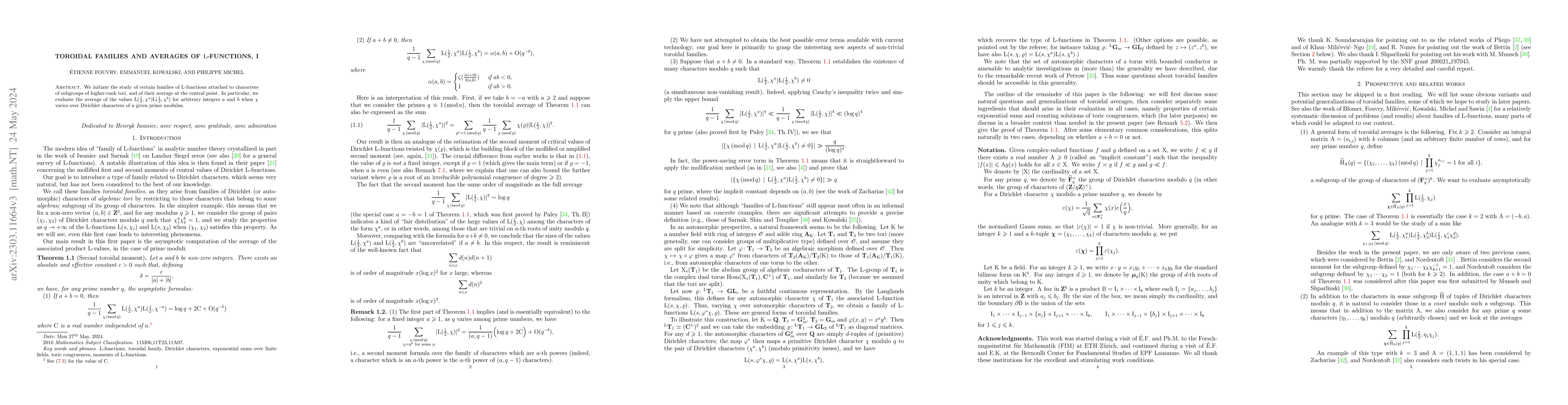 Thumbnail for Toroidal families and averages of L-functions, I