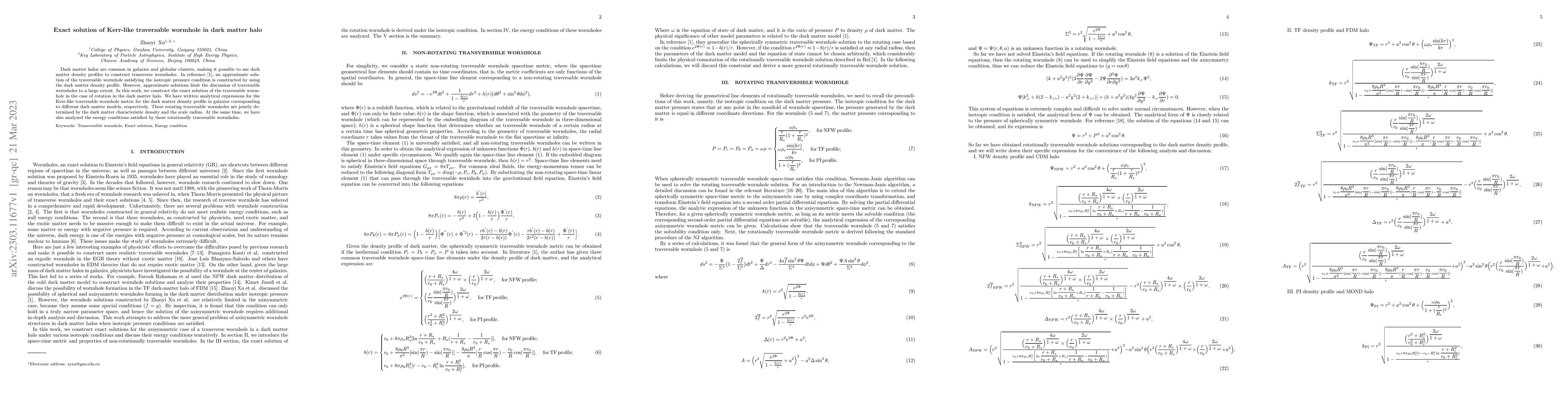 Thumbnail for Exact solution of Kerr-like traversable wormhole in dark matter halo