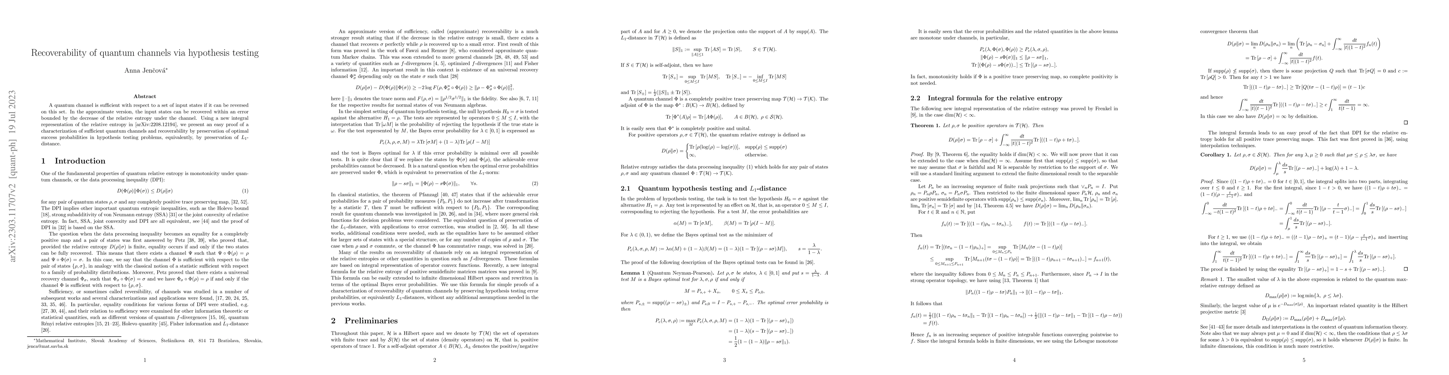 Thumbnail for Recoverability of quantum channels via hypothesis testing