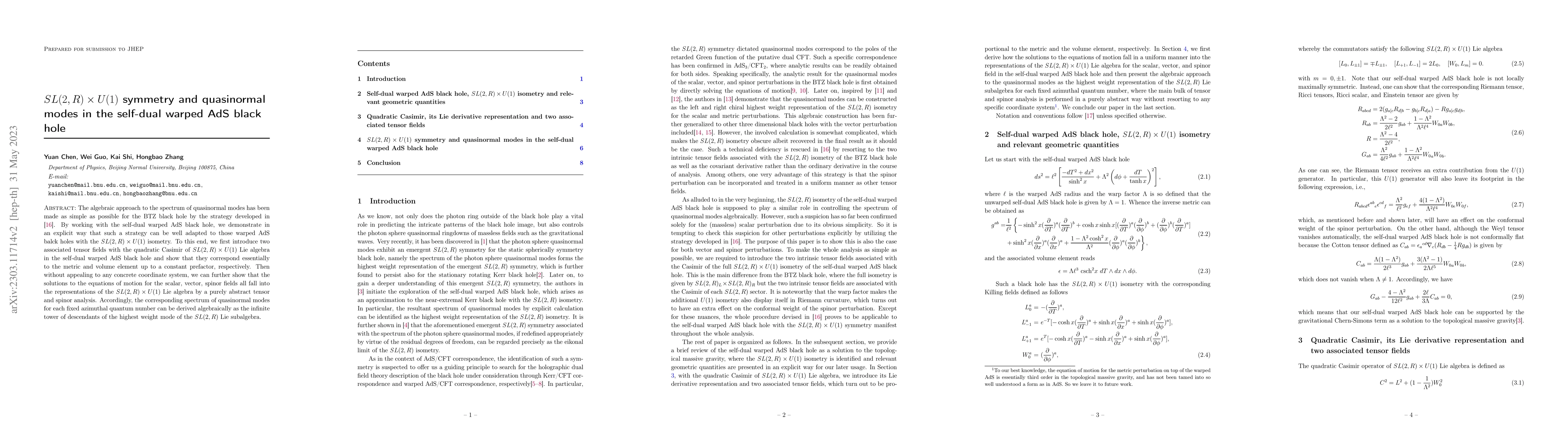 Thumbnail for $SL(2,R)\times U(1)$ symmetry and quasinormal modes in the self-dual
  warped AdS black hole