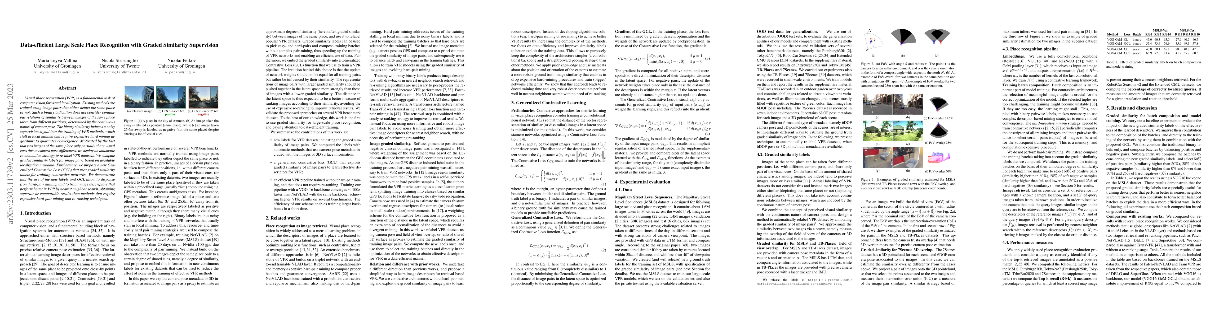 Thumbnail for Data-efficient Large Scale Place Recognition with Graded Similarity
  Supervision