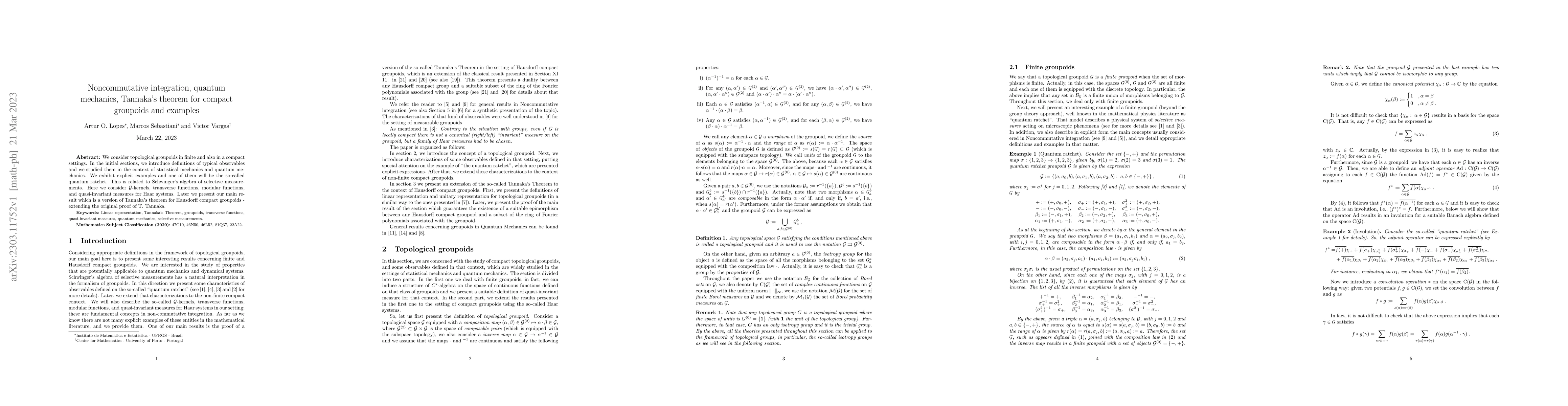Thumbnail for Noncommutative integration, quantum mechanics, Tannaka's theorem for
  compact groupoids and examples