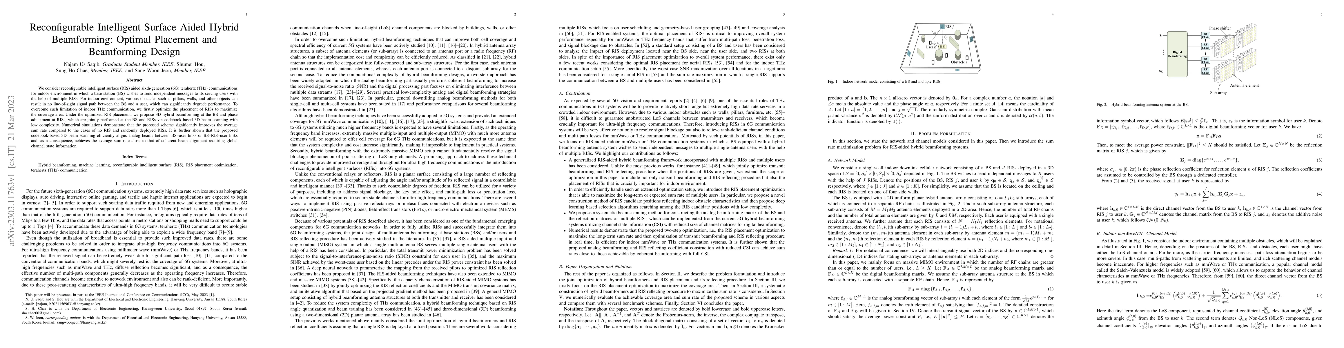 Thumbnail for Reconfigurable Intelligent Surface Aided Hybrid Beamforming: Optimal
  Placement and Beamforming Design