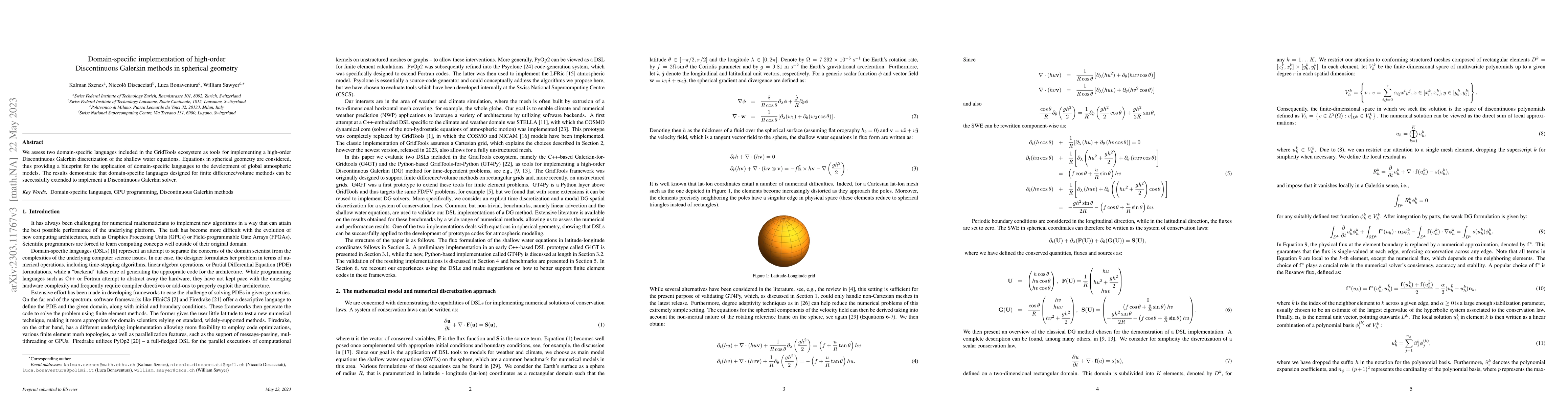Thumbnail for Domain-specific implementation of high order Discontinuous Galerkin
  methods in spherical geometry