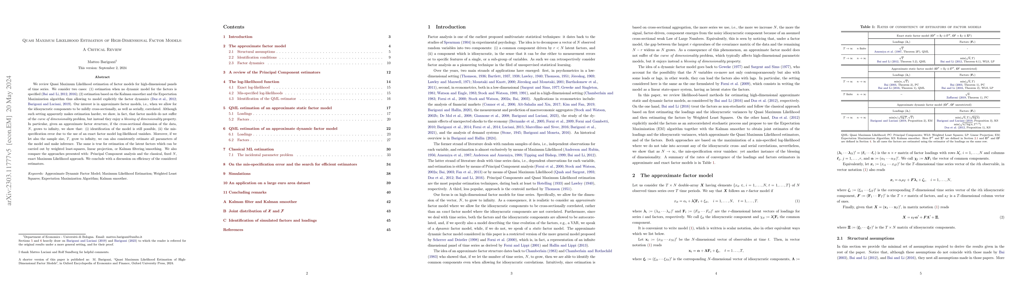 Thumbnail for Quasi Maximum Likelihood Estimation of High-Dimensional Factor Models: A
  Critical Review