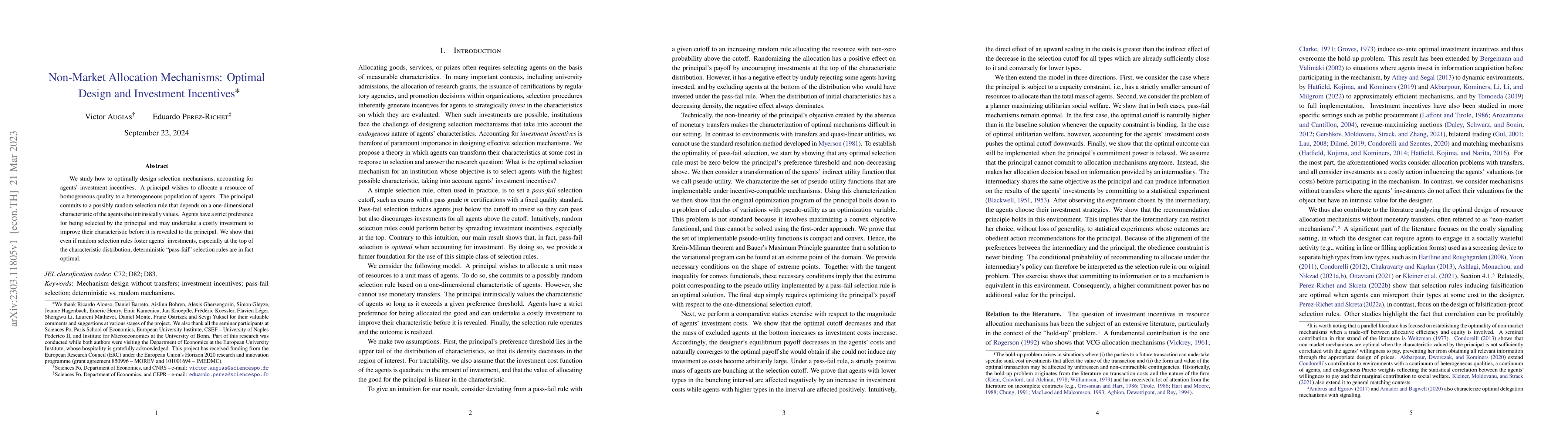 Thumbnail for Non-Market Allocation Mechanisms: Optimal Design and Investment
  Incentives