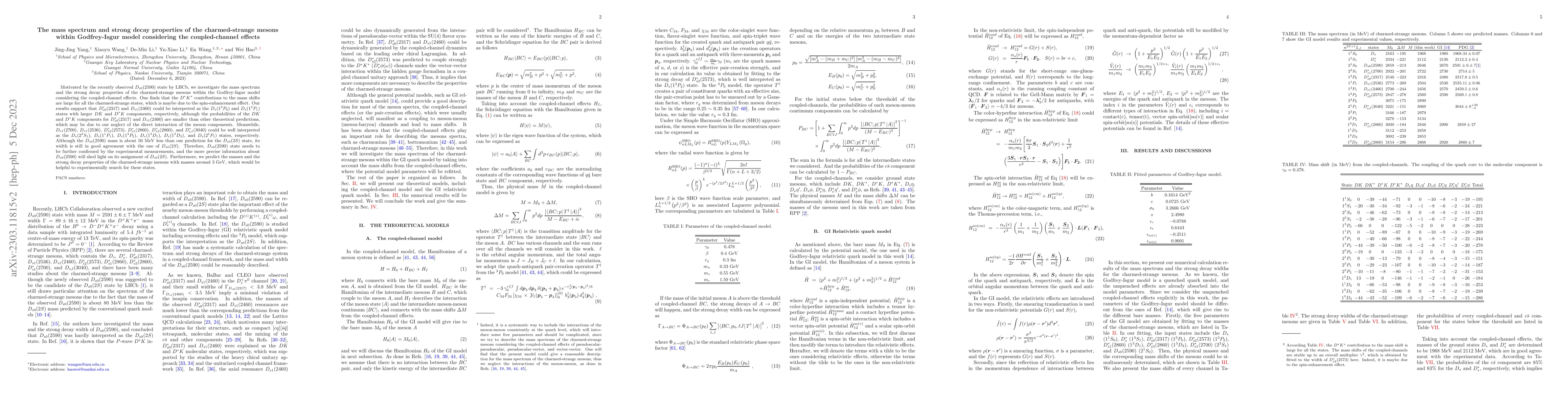 Thumbnail for The mass spectrum and strong decay properties of the charmed-strange
  mesons within Godfrey-Isgur model considering the coupled-channel effects