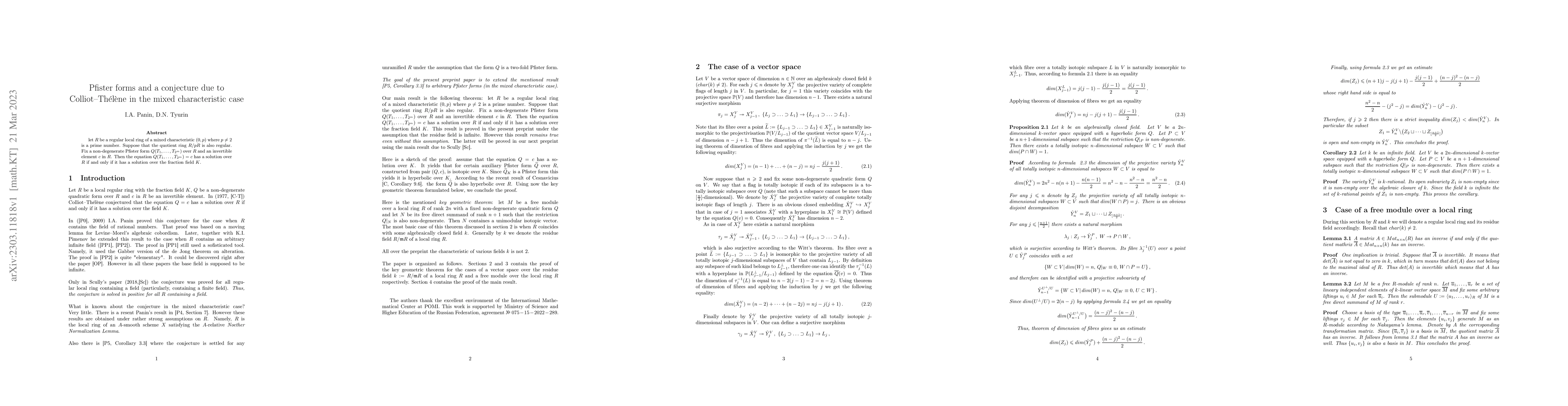 Thumbnail for Pfister forms and a conjecture due to Colliot-Th\'{e}l\`{e}ne in the
  mixed characteristic case