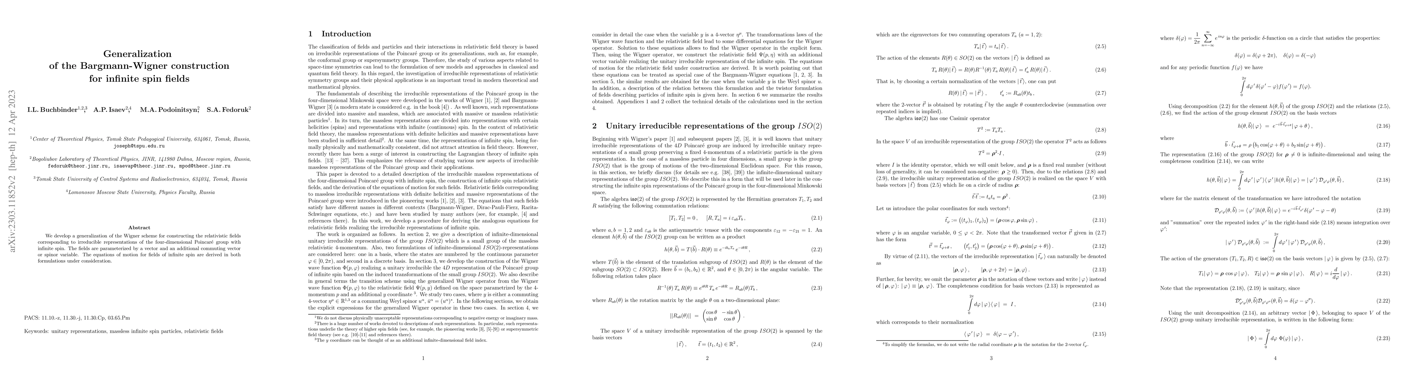 Thumbnail for Generalization of the Bargmann-Wigner construction for infinite spin
  fields
