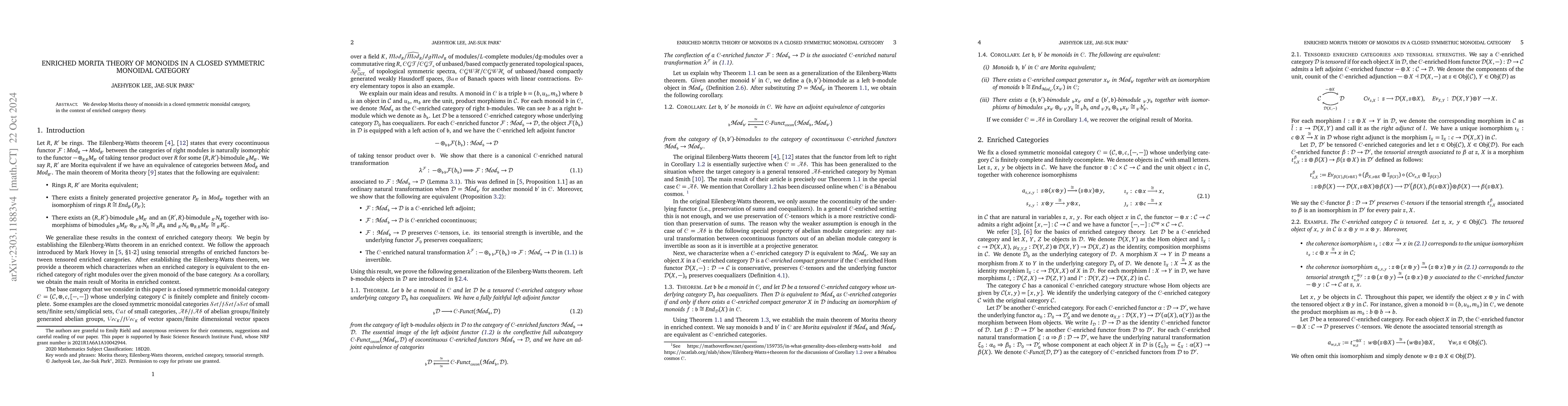 Thumbnail for Enriched Morita theory of monoids in a closed symmetric monoidal
  category