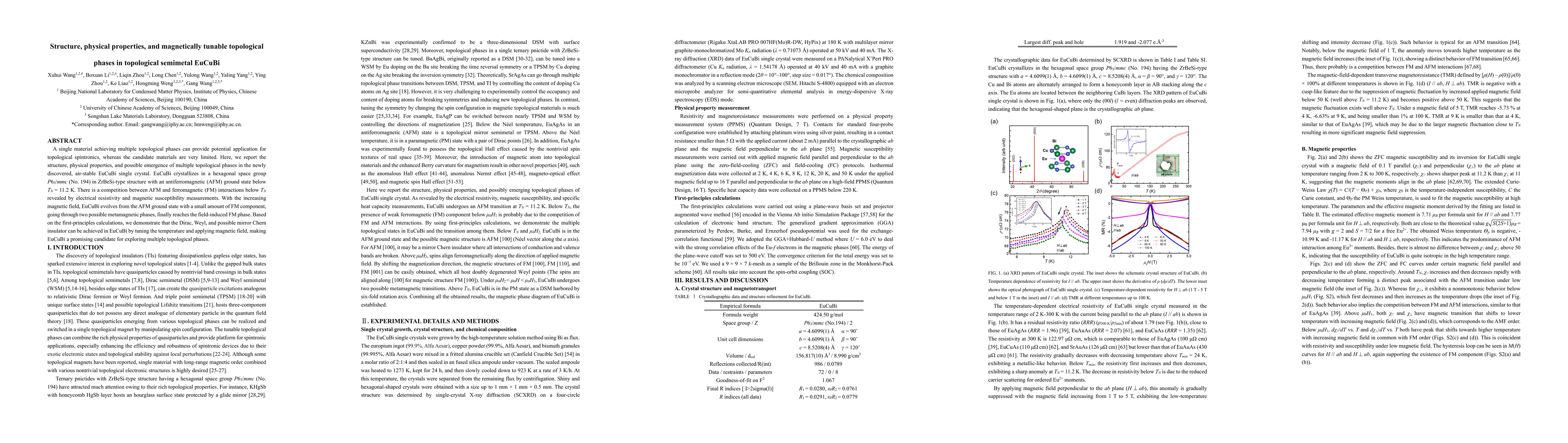 Thumbnail for Structure, physical properties, and magnetically tunable topological
  phases in topological semimetal EuCuBi
