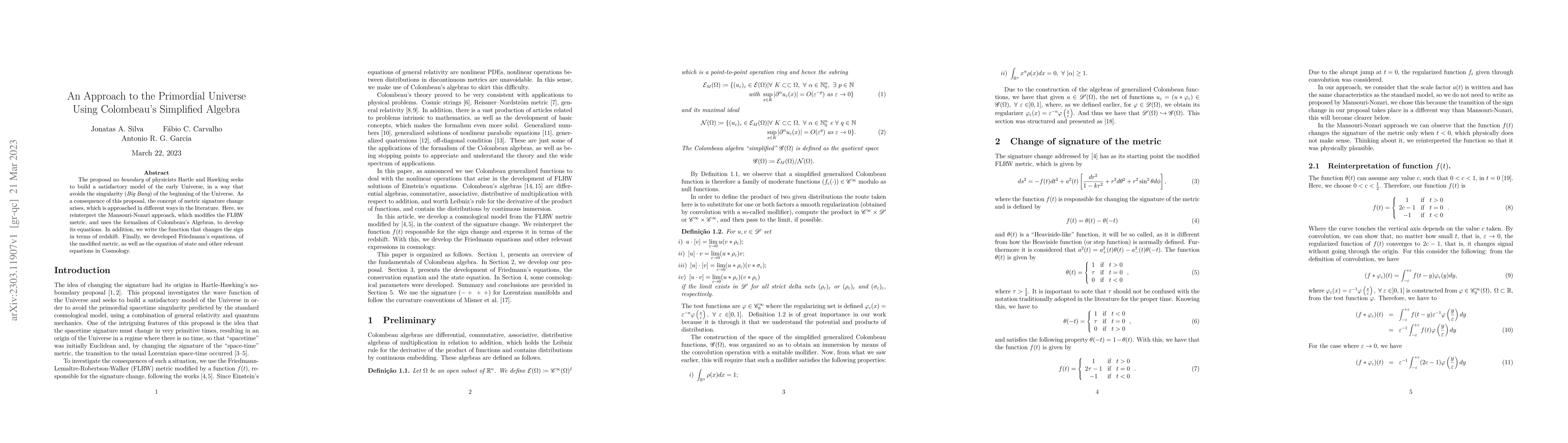 Thumbnail for An Approach to the Primordial Universe Using Colombeau's Simplified
  Algebra