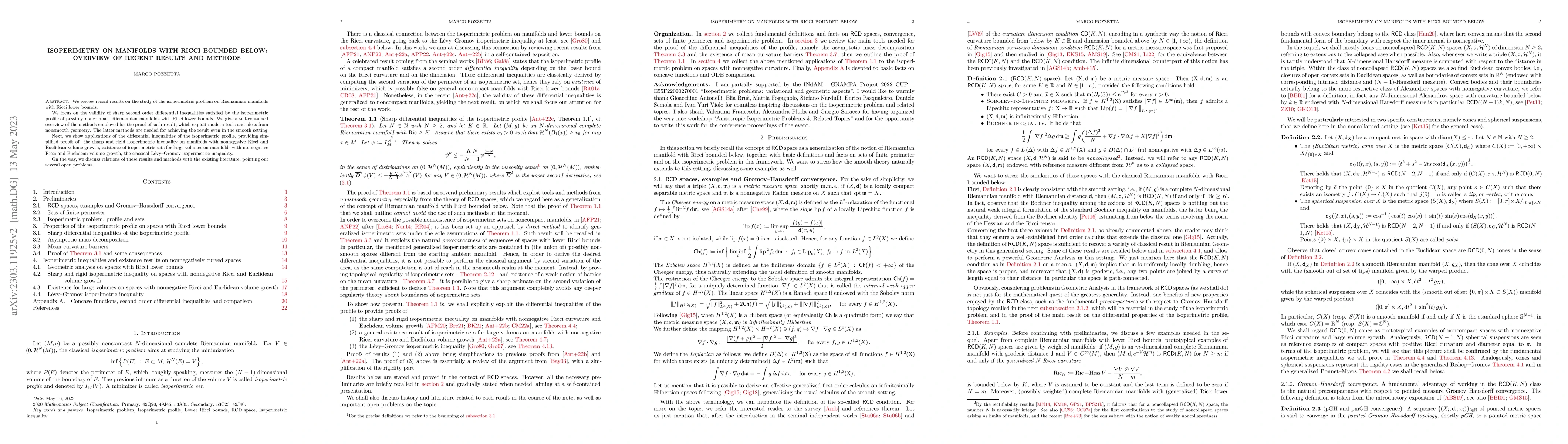 Thumbnail for Isoperimetry on manifolds with Ricci bounded below: overview of recent
  results and methods
