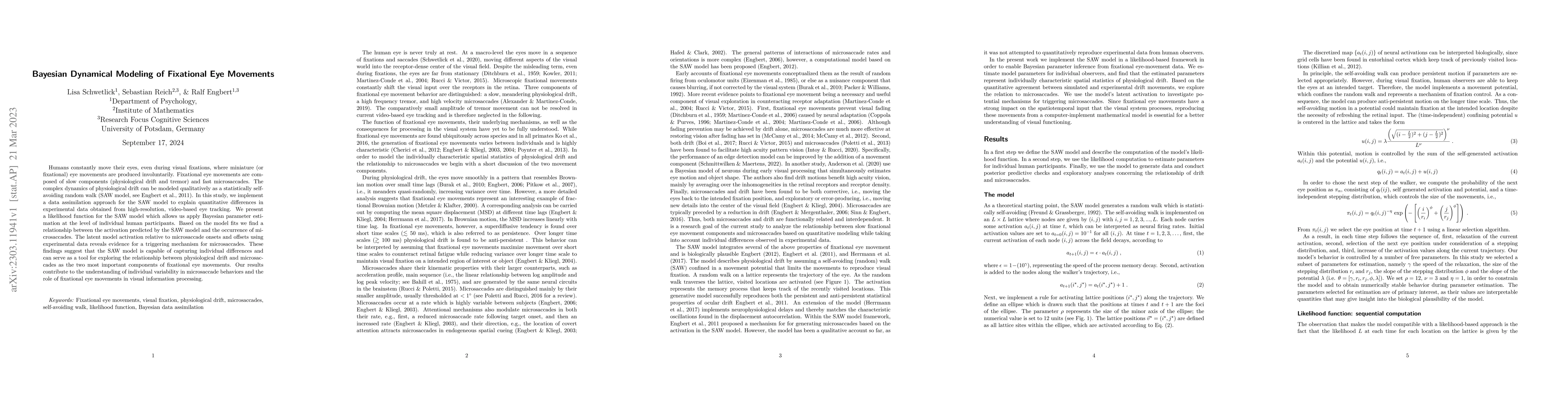 Thumbnail for Bayesian Dynamical Modeling of Fixational Eye Movements