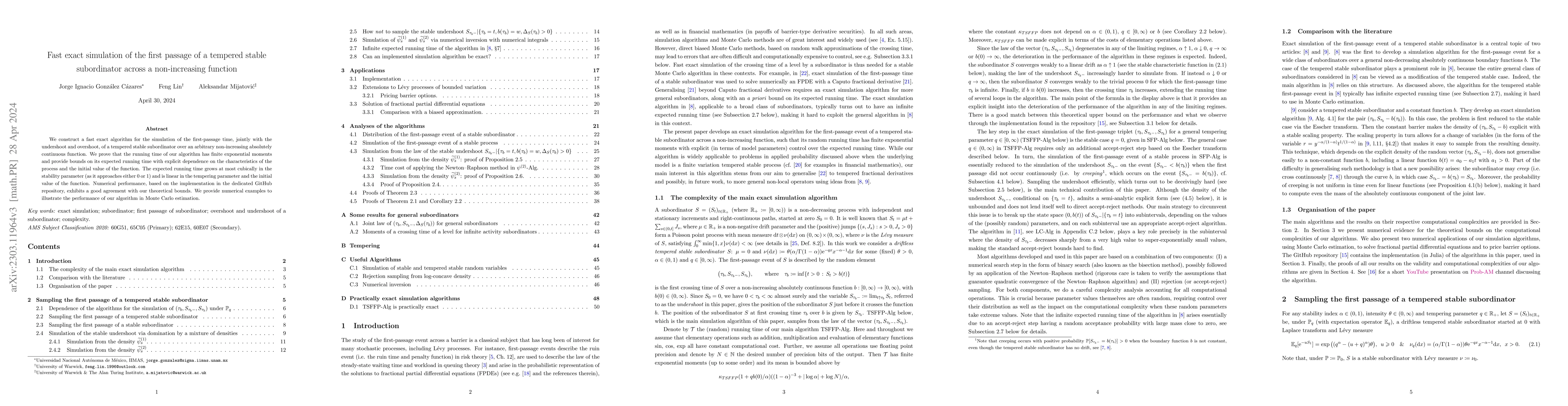 Thumbnail for Fast exact simulation of the first passage of a tempered stable
  subordinator across a non-increasing function