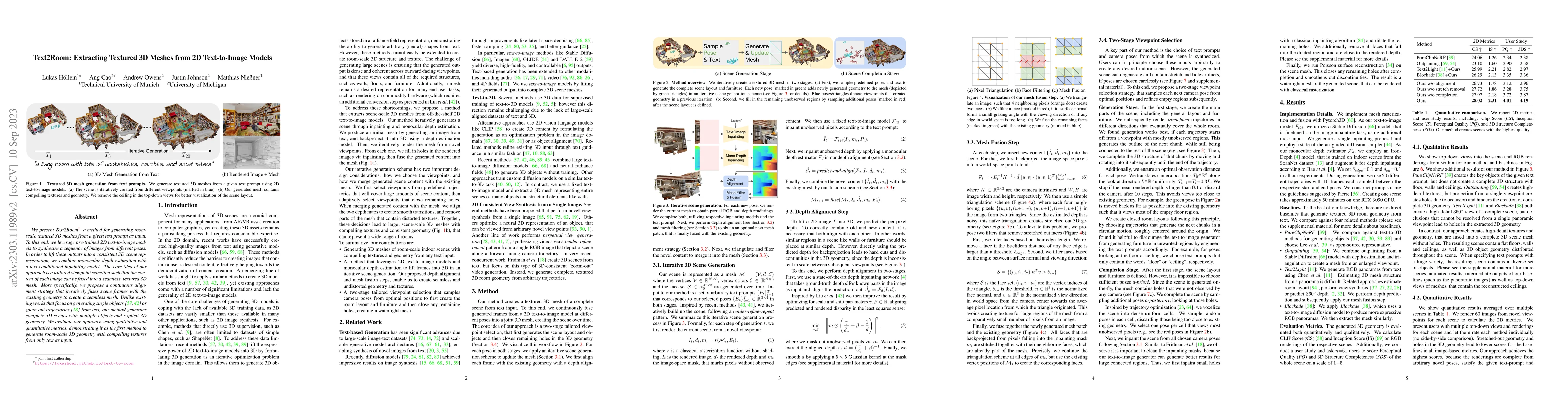 Thumbnail for Text2Room: Extracting Textured 3D Meshes from 2D Text-to-Image Models