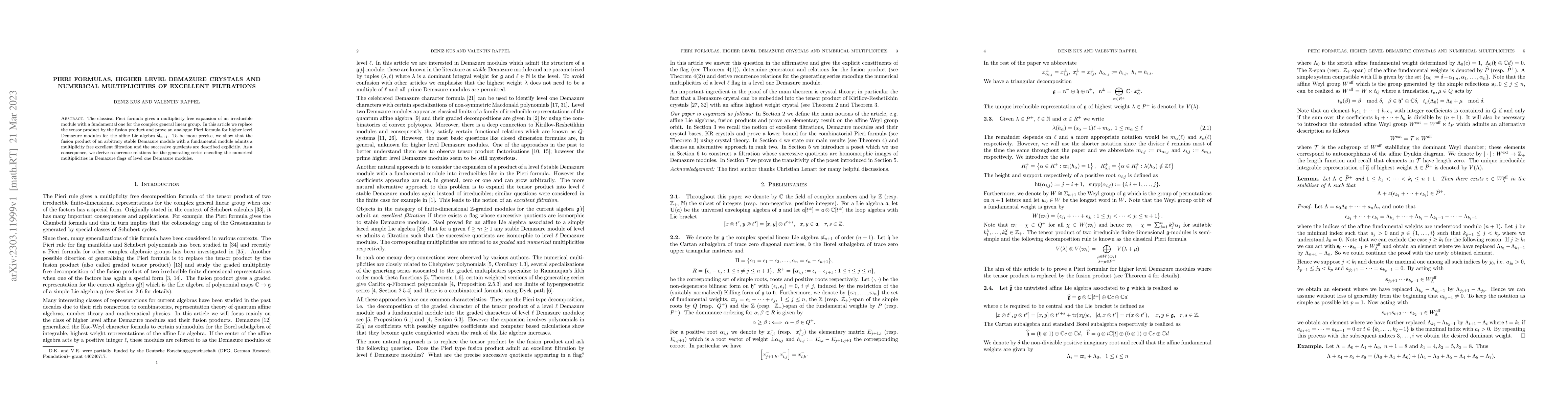 Thumbnail for Pieri formulas, higher level Demazure crystals and numerical
  multiplicities of excellent filtrations