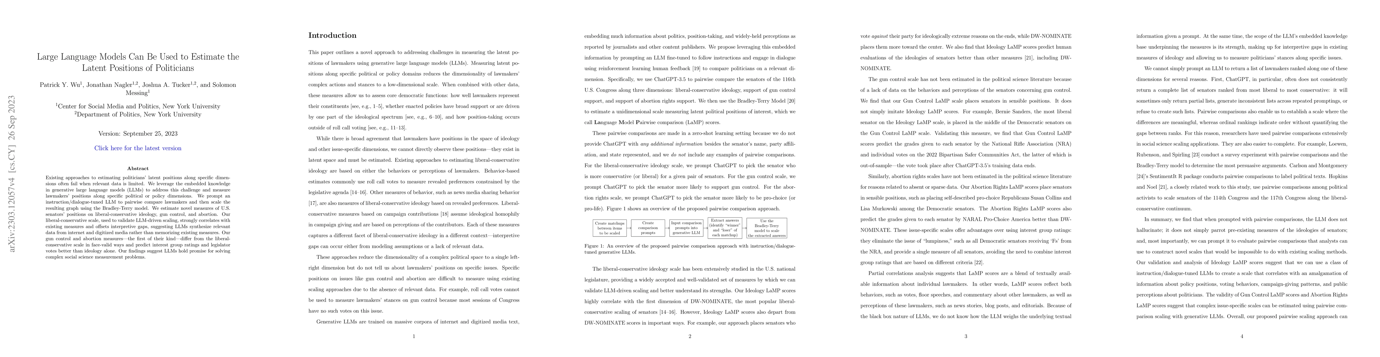 Thumbnail for Large Language Models Can Be Used to Estimate the Latent Positions of
  Politicians