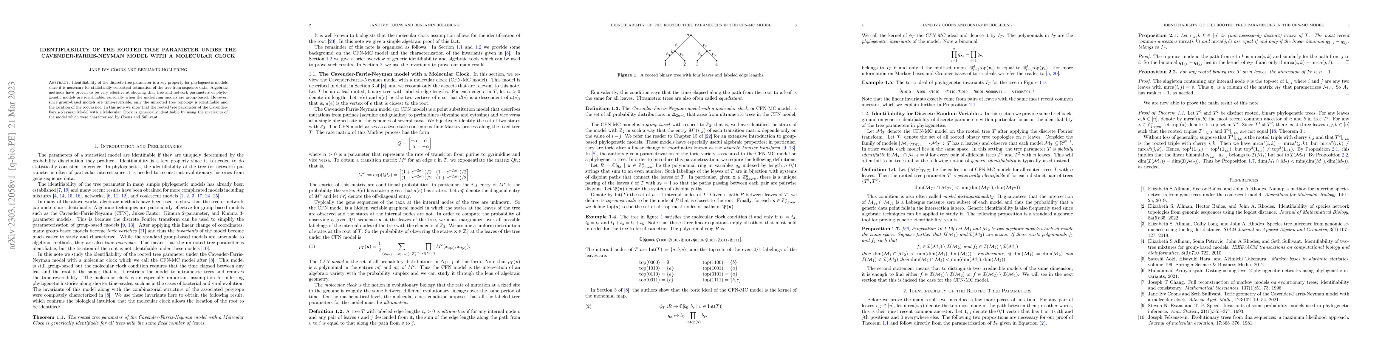 Thumbnail for Identifiability of the Rooted Tree Parameter under the
  Cavender-Farris-Neyman Model with a Molecular Clock
