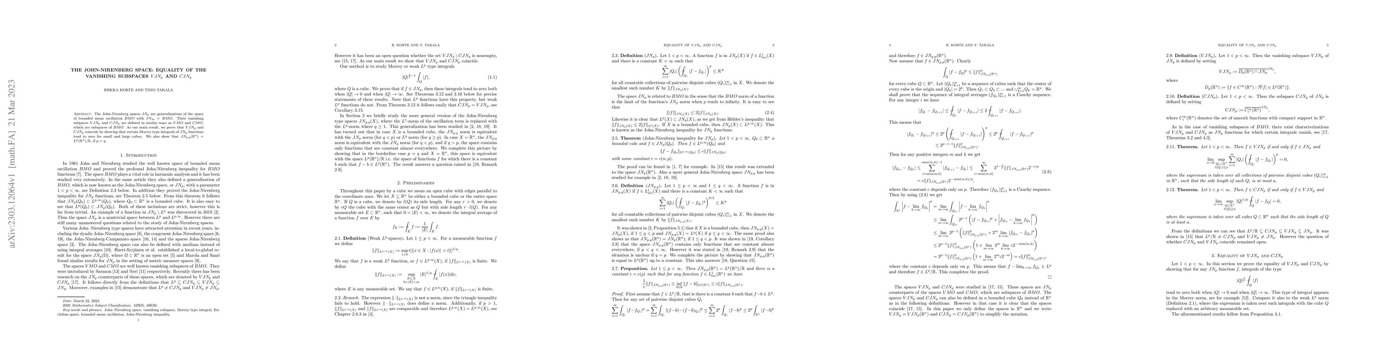 Thumbnail for The John-Nirenberg space: Equality of the vanishing subspaces $VJN_p$
  and $CJN_p$