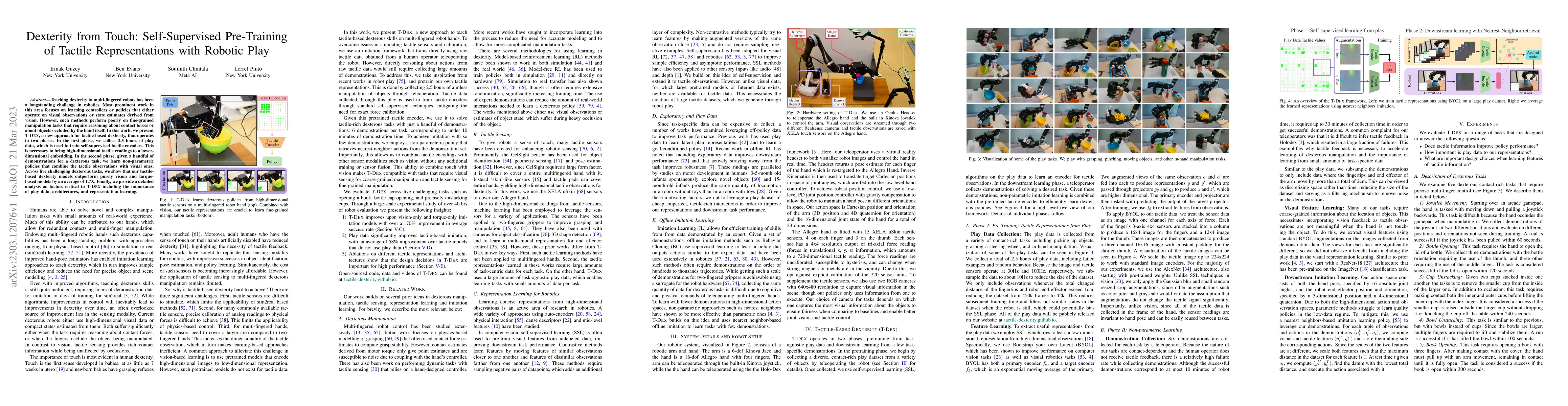 Thumbnail for Dexterity from Touch: Self-Supervised Pre-Training of Tactile
  Representations with Robotic Play