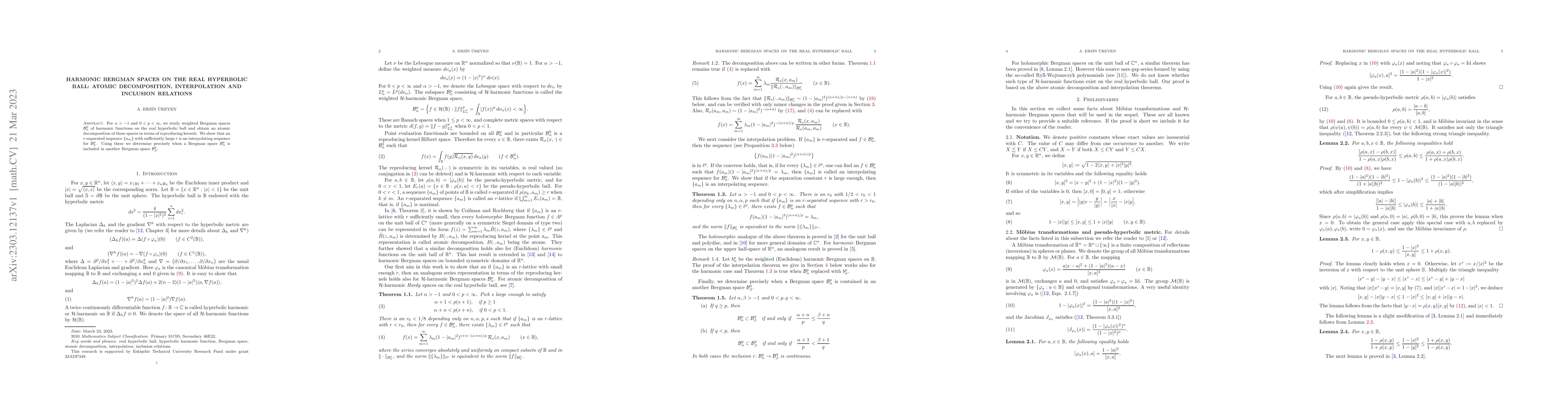 Thumbnail for Harmonic Bergman Spaces on the Real Hyperbolic Ball: Atomic
  Decomposition, Interpolation and Inclusion Relations