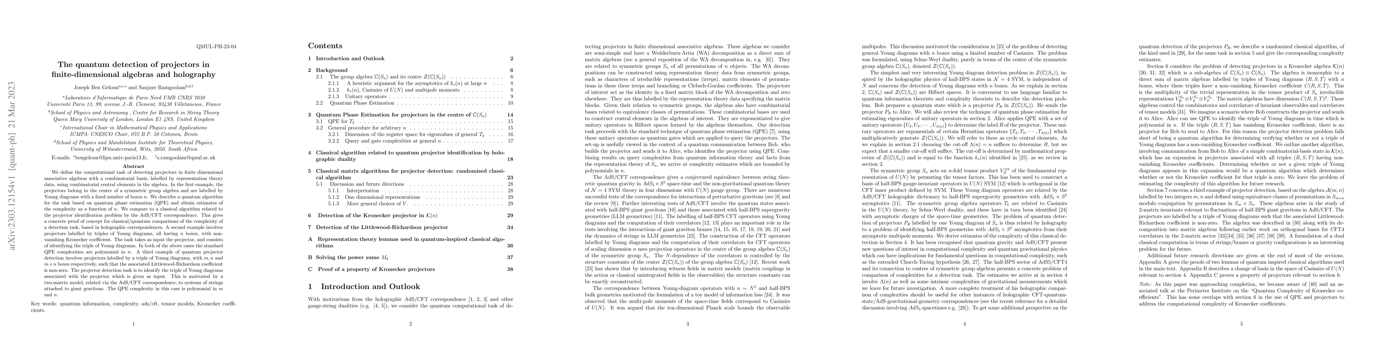 Thumbnail for The quantum detection of projectors in finite-dimensional algebras and
  holography
