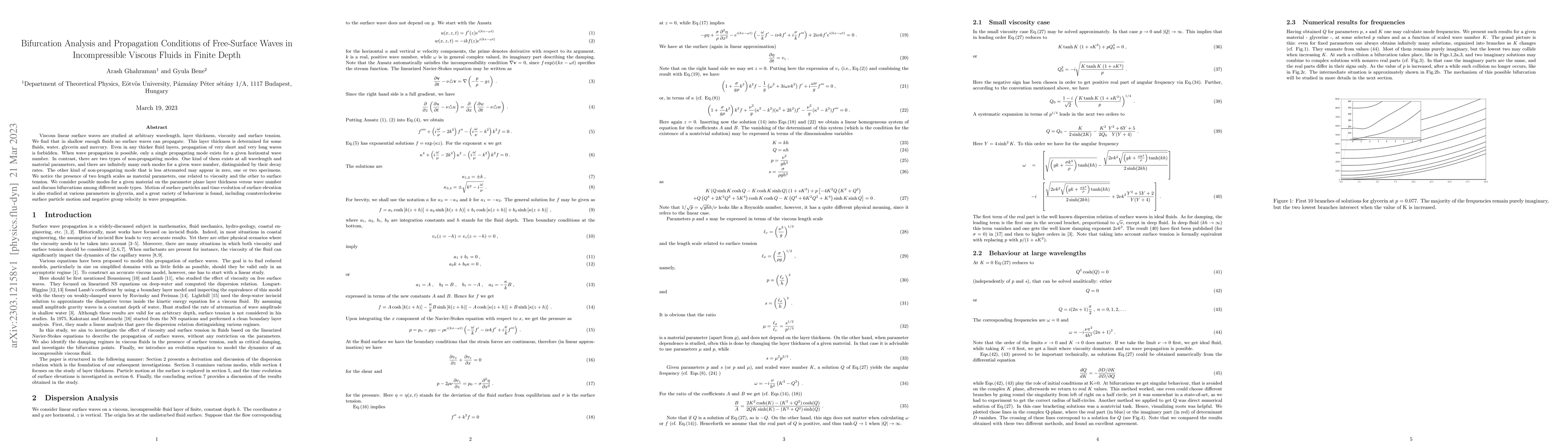 Thumbnail for Bifurcation Analysis and Propagation Conditions of Free-Surface Waves in
  Incompressible Viscous Fluids in Finite Depth