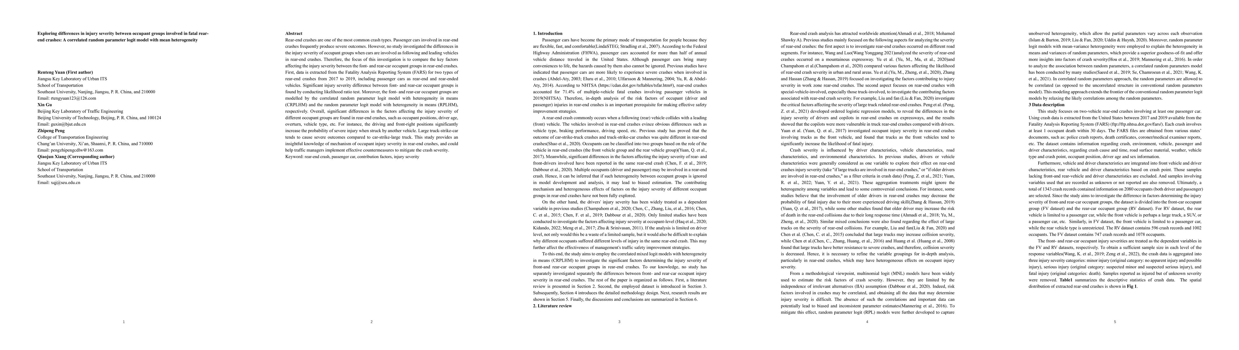 Thumbnail for Exploring differences in injury severity between occupant groups
  involved in fatal rear-end crashes: A correlated random parameter logit model
  with mean heterogeneity