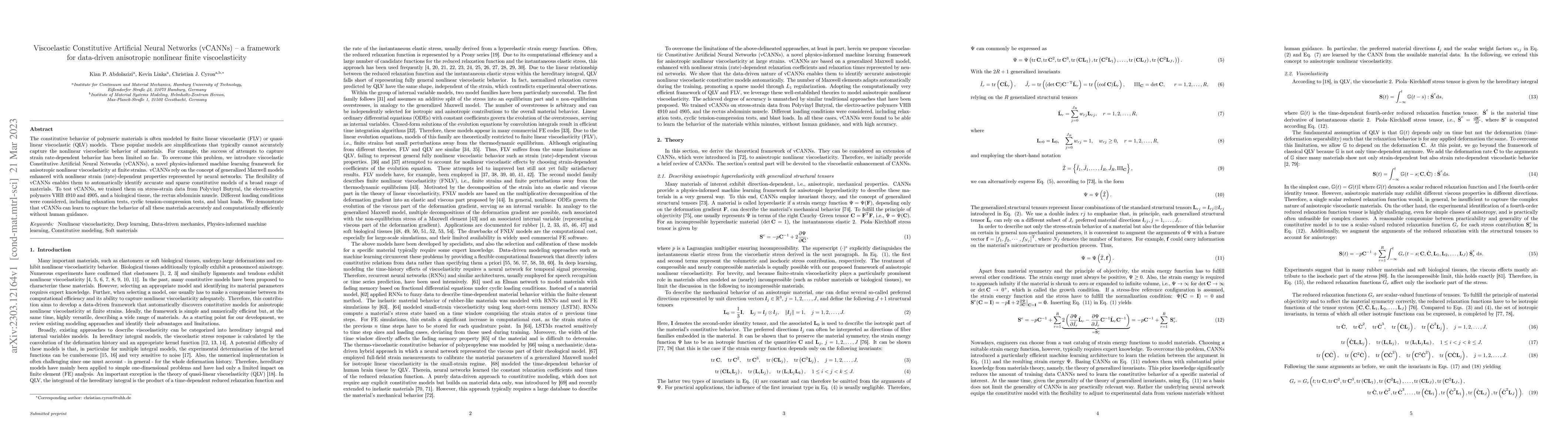 Thumbnail for Viscoelastic Constitutive Artificial Neural Networks (vCANNs) $-$ a
  framework for data-driven anisotropic nonlinear finite viscoelasticity